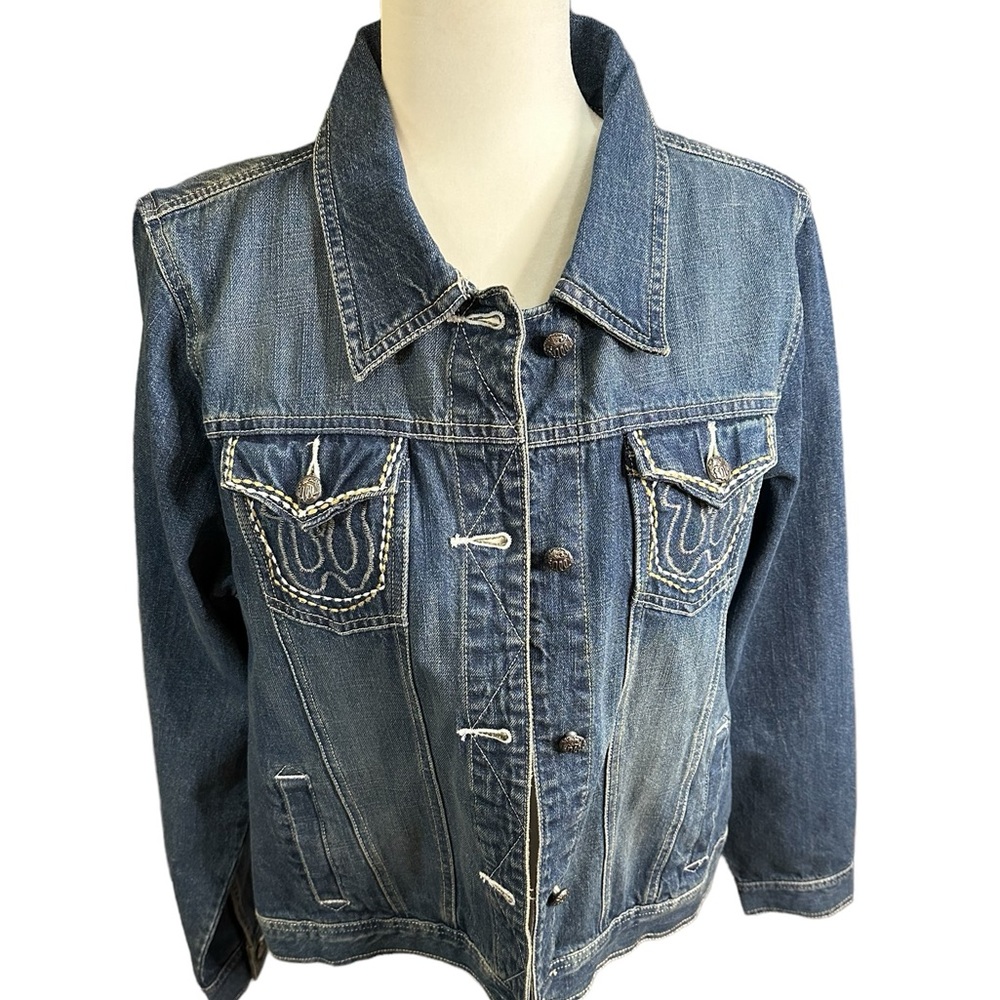 Wrangler Jacket Blue Denim Button Up Long Sleeve Embroidered Cotton‎ size large